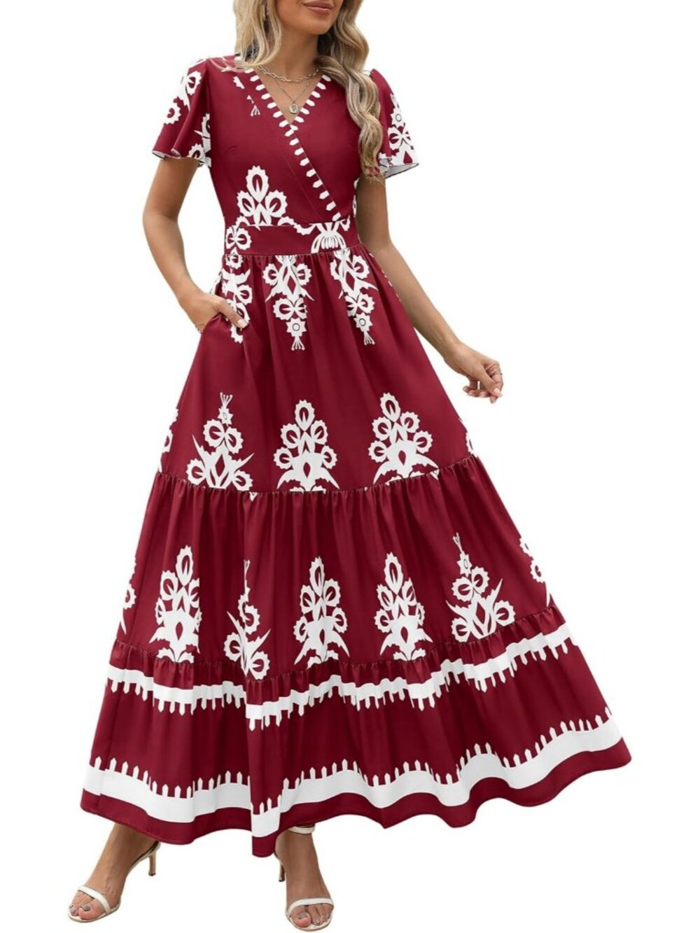 Women's Floral Wine Red Boho Maxi V Neck Bell Sleeve Flowy Dress W/Pockets